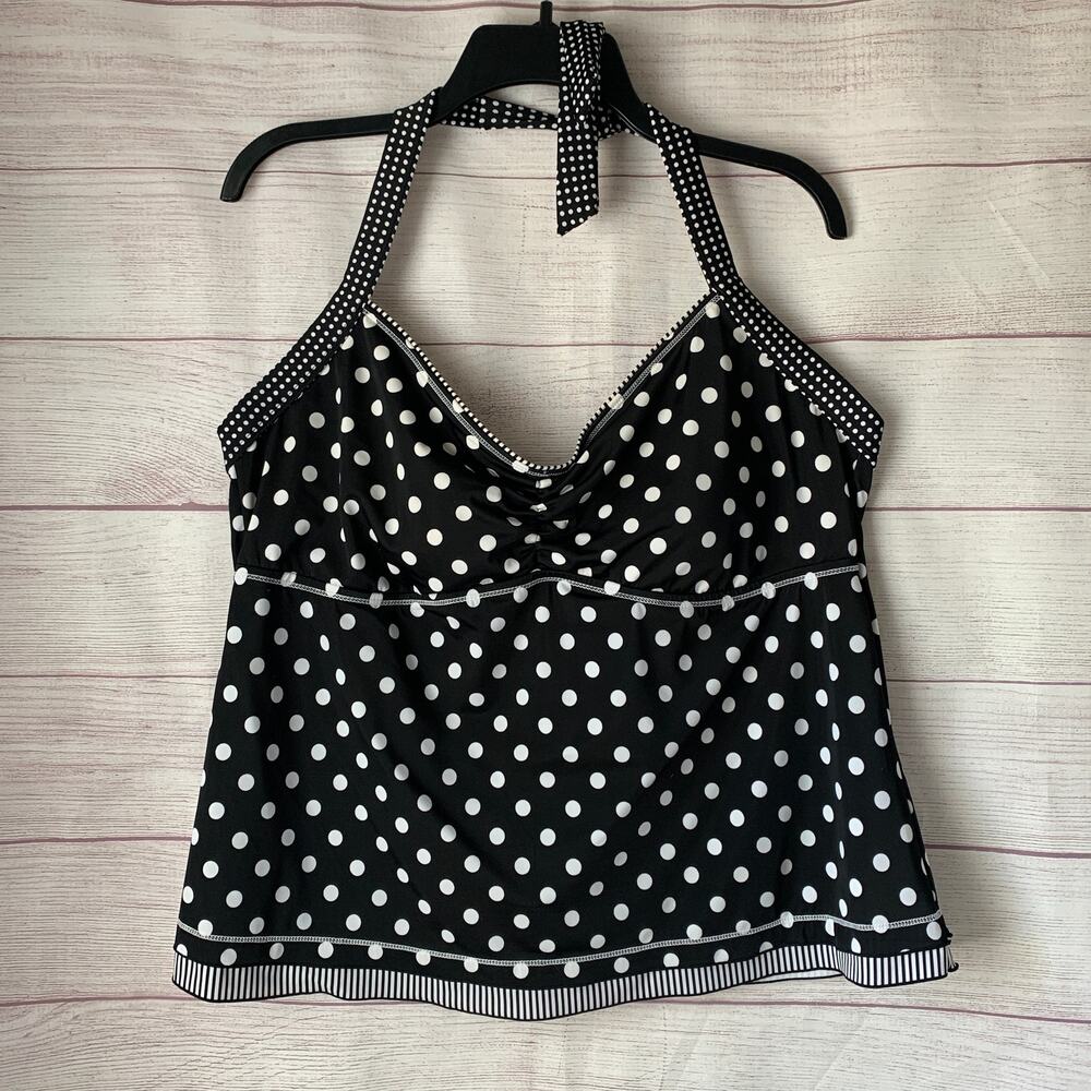 24th & Ocean Black and White Polka Dot Tankini Swimsuit Top Halter Size 18W